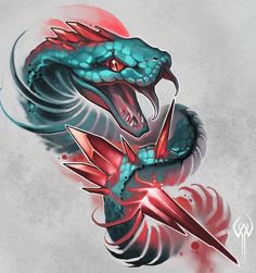 a blue and red snake tattoo design on a white background