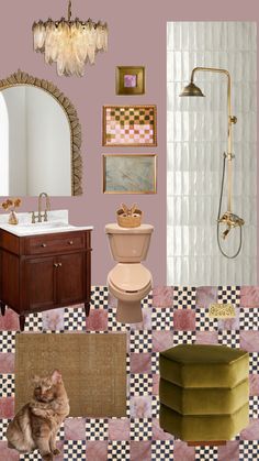 a bathroom with pink walls, checkered flooring and gold accents on the wall