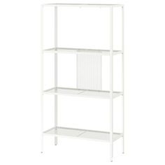 a white shelving unit with three shelves and two baskets on the bottom shelf,