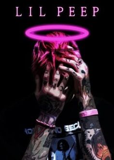 a man with tattoos holding his hands up to his face and the words lil peep above him