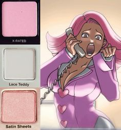 an image of a woman talking on the phone with pink hair and eyeshade