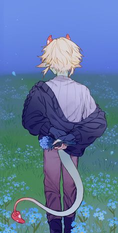 an anime character standing in the grass with his back to the camera, holding a snake