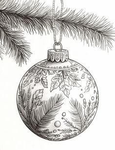 a drawing of a christmas ornament hanging on a tree branch with pine needles