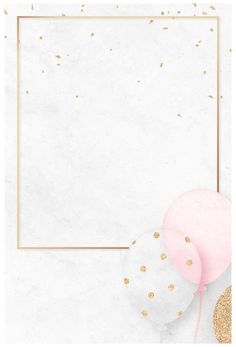 a white marble background with gold confetti balloons and a pink balloon in the middle