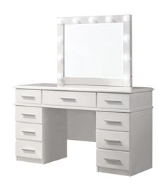 a white vanity with lights on it and a large mirror above the dresser is shown