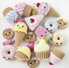 crocheted ice cream cones and donuts are arranged together