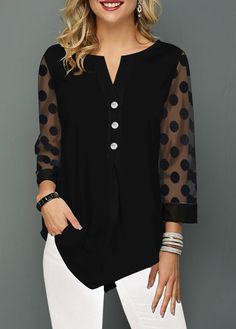 Black V-neck Shirt With Buttons, Office Blouse With Button Closure And Stretch Fit, Stretch Blouse With Button Closure For Office, Stretch Office Blouse With Buttons, Stretch Button Closure Tops For Office, Fall Blouse With Buttons, Non-stretch V-neck Tops With Button Closure, Chic Stretch Blouse With Button Closure, Non-stretch V-neck Top With Button Closure