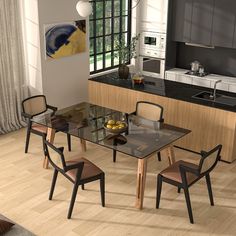 a glass table with four chairs around it in a modern style kitchen, next to an island