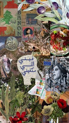 collage of flowers and pictures with arabic writing