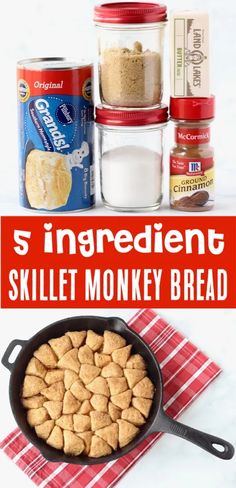 the ingredients to make this skillet monkey bread are shown in red and white checkered cloth