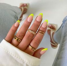 Capture the essence of sunny days with our radiant summer yellow nails! Flash a smile on your hands with a color that's as warm and inviting as a sunny afternoon. Almond Tipped Nails, Vacation Nails Oval Shape, Short Almond Acrylic Nails Yellow, Almond Summer Nails Design Bright, Highlighter Yellow French Tip Nails, Highlighter Nails Yellow, Neon Tip Nails Almond, 2024 Summer Gel Nail Colors, Almond Yellow French Nails