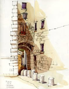 a drawing of an old building that has been built into the side of it with windows