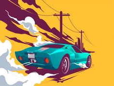 an illustration of a blue sports car driving down the road in front of power lines