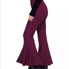 Really Cute Pair Of Flared/Bellbottom Dress Pants From Free People. Size 4 Striped Fitted Pants For Night Out, Non-stretch Flared Hem Bottoms For Fall, Striped Stretch Bottoms For Night Out, Fitted Cotton Bottoms With Flared Hem, Fitted Flared Hem Bottoms For Party, Fitted Burgundy Bottoms For Party, Chic Striped Fitted Bottoms, Fall Striped High Waist Bottoms, Summer Fitted Flared Hem Pants