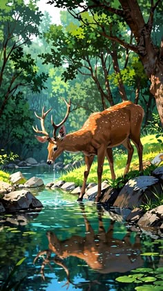 a painting of a deer drinking water from a stream