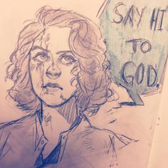 a drawing of a man holding a sign that says say it to god and he is looking at the camera