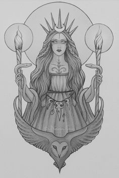 a drawing of a woman holding two torches