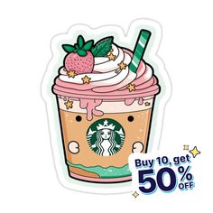 a sticker with a starbucks drink and strawberries on it