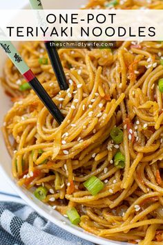 one pot teriyaki noodles in a white bowl with chopsticks on top