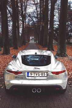 the rear end of a silver sports car parked on a brick road surrounded by trees