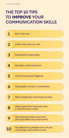 the top 10 tips to improve your communication skills infographical poster with yellow background