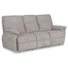 the power reclining sofa is shown in light gray fabric with two seats and one arm rests