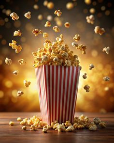 popcorn falling into a red and white striped bucket