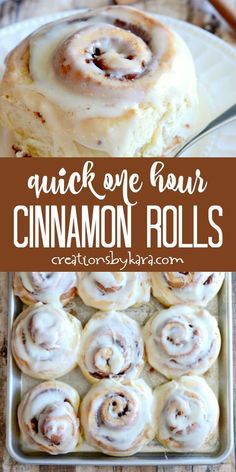 cinnamon rolls on a plate with text overlay that reads quick one hour cinnamon rolls