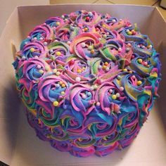 there is a colorful cake in the box