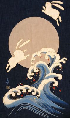 Rabbit Moon Illustration, Rabbit On The Moon, Fabric Panel Quilts, Asian Fabric, Japon Illustration, Rabbit Art, Bunny Art, Year Of The Rabbit