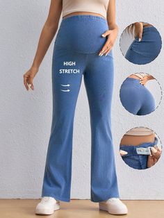 Maternity Casual Stretch Skinny Flared Jeans, Blue, Pregnancy Clothes Blue    Denim Plain  High Stretch  Maternity Clothing, size features are:Bust: ,Length: ,Sleeve Length: Maternity Casual, Shein Maternity, Shein Jeans, Pregnancy Clothes, Casual Maternity, Jeans Casual, Maternity Clothing, Maternity Jeans