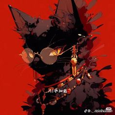 a black cat with glasses and some chains on it's neck, standing in front of a red background