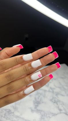 Different Color Bottom Nails, Short And Cute Nail Ideas, White Nails Pink Bottoms, Bottom Nails Color, Short Nails Set Ideas, White Nails With Pink Bottoms, Nails Painted Underneath, Full Colored Nails, Color Under Nails