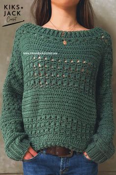 a woman wearing a green crochet sweater with holes in the front and bottom