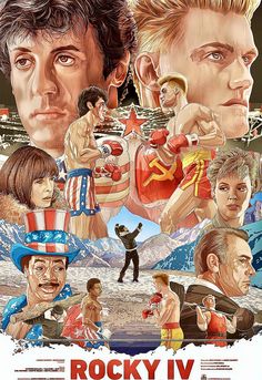 the poster for rocky iv is shown in red, white and blue