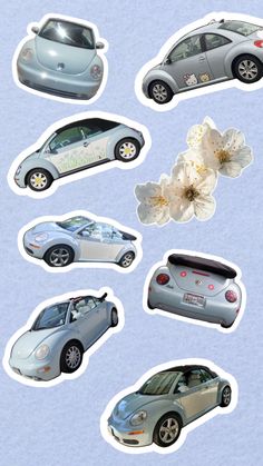 stickers depicting different types of cars and flowers in the air with blue sky background