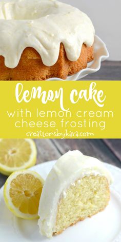 lemon cake with lemon cream frosting on a white plate