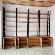 an empty room with shelves and drawers in it