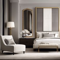 an elegant bedroom with gray walls and white bedding, gold framed mirror on the wall