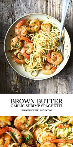 brown butter garlic shrimp spaghetti in a white bowl