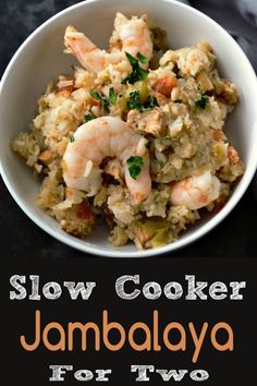 slow cooker jambalya for two with shrimp and rice in a white bowl