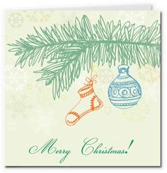 a christmas card with an ornament hanging from a tree branch