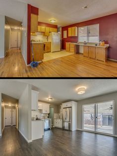 an empty kitchen and living room before and after remodeling with wood floors