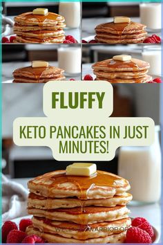 a stack of pancakes with butter on top and the words fluffy keto pancakes in just minutes