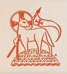 an orange ink drawing of a horse with a shield and cross on it's back