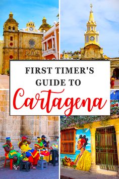 the first time's guide to cartagena, spain with pictures of people sitting on benches