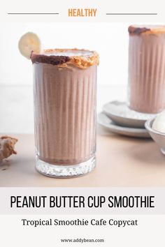 Peanutbutter Smoothie, Smoothie Peanut Butter, Peanut Butter Cup Smoothie, High Protein Peanut Butter, Tropical Smoothie Cafe, Healthy Peanut Butter Cups, Peanut Butter Cups Recipe, Protein Shakes Recipes, High Protein Breakfast Recipes