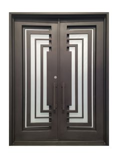 a black double door with white and grey designs on it's glass doors are shown