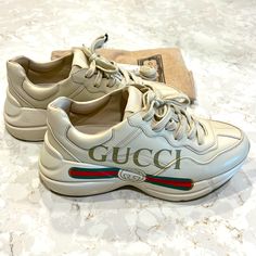 Just Wear Few Time Very Good Condition Ivory Leather With Gucci Vintage Logo Women's Gucci Logo Tag Rubber Sole Low-Heel 1.8" Height Made In Italy Shoes Gucci, Gucci Vintage, Gucci Logo, Logo Tag, Gucci Shoes, Vintage Logo, Low Heels, Leather Sneakers, Vintage Gucci