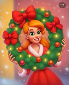 a cartoon girl holding a christmas wreath with red bows on it's head and hands